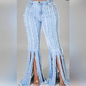 Striped denim flared- bottom w/ carwash detailing